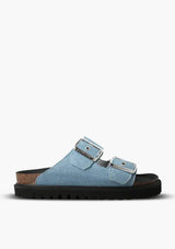 [Color: Denim] Vegan blue denim platform slides with cork and black foam insole and two silver adjustable buckles