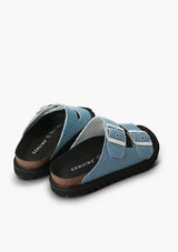 [Color: Denim] Vegan blue denim platform slides with cork and black foam insole and two silver adjustable buckles