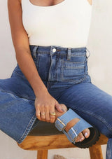 [Color: Denim] Vegan blue denim platform slides with cork and black foam insole and two silver adjustable buckles