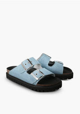 [Color: Denim] Vegan blue denim platform slides with cork and black foam insole and two silver adjustable buckles