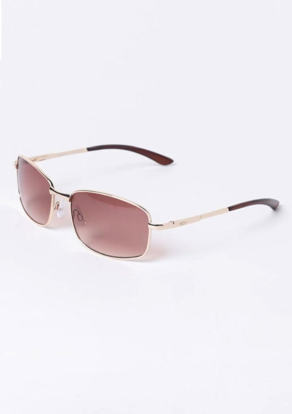 [Color: Mauve] Trendy gold metal frame sunglasses in a square rounded shape, with mauve pink lenses.
