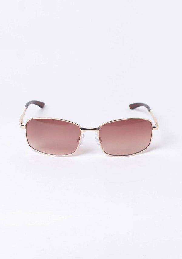 [Color: Mauve] Trendy gold metal frame sunglasses in a square rounded shape, with mauve pink lenses. 