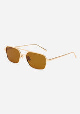 [Color: Brown] Matte gold metal straight frame sunglasses with 100% UVA/UVB protected brown lenses. 
