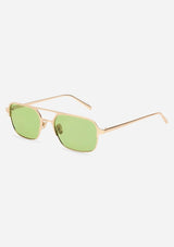 [Color: Green] Matte gold metal straight frame sunglasses with 100% UVA/UVB protected green lenses. 