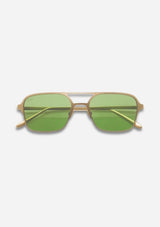 [Color: Green] Matte gold metal straight frame sunglasses with 100% UVA/UVB protected green lenses. 