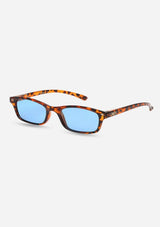 [Color: Blue] A pair of slim, rectangle amber tortoise acetate frames with blue lenses. Made by INDY