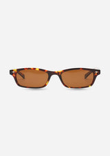 [Color: Espresso] A pair of slim, rectangle amber tortoise acetate frames with amber lenses. Made by INDY