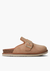 [Color: Almond] Tan velour clogs with cork and foam sole and gold buckle strap.