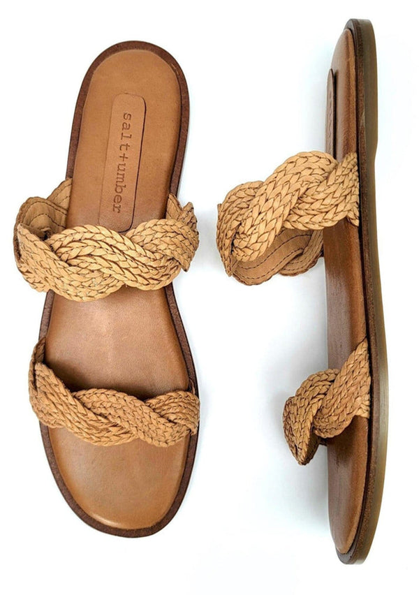 [Color: Tan] A tan double braided leather summer slide made with one hundred percent upcycled materials. Sustainably and ethically made in India.