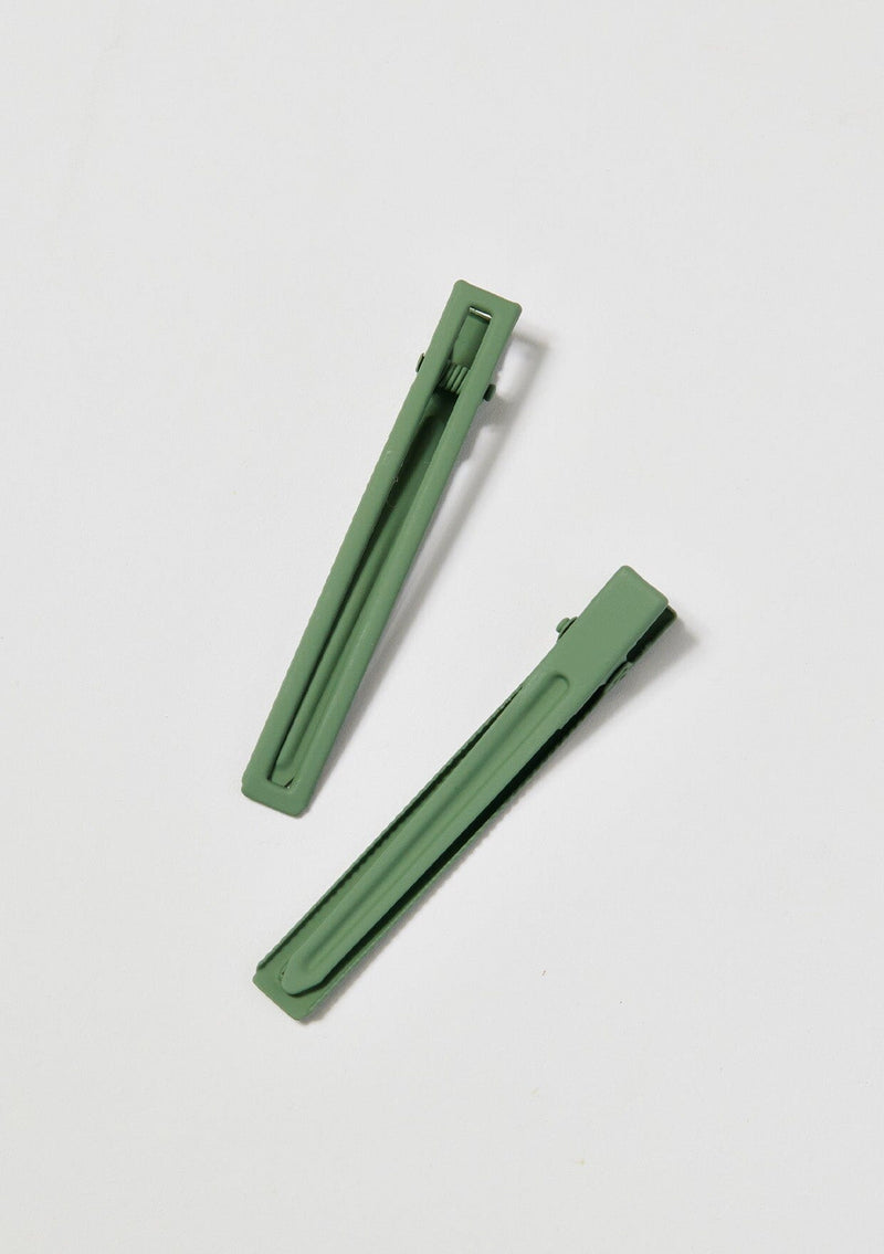 [Color: Sage] Sage green long alligator style metal hair clips.