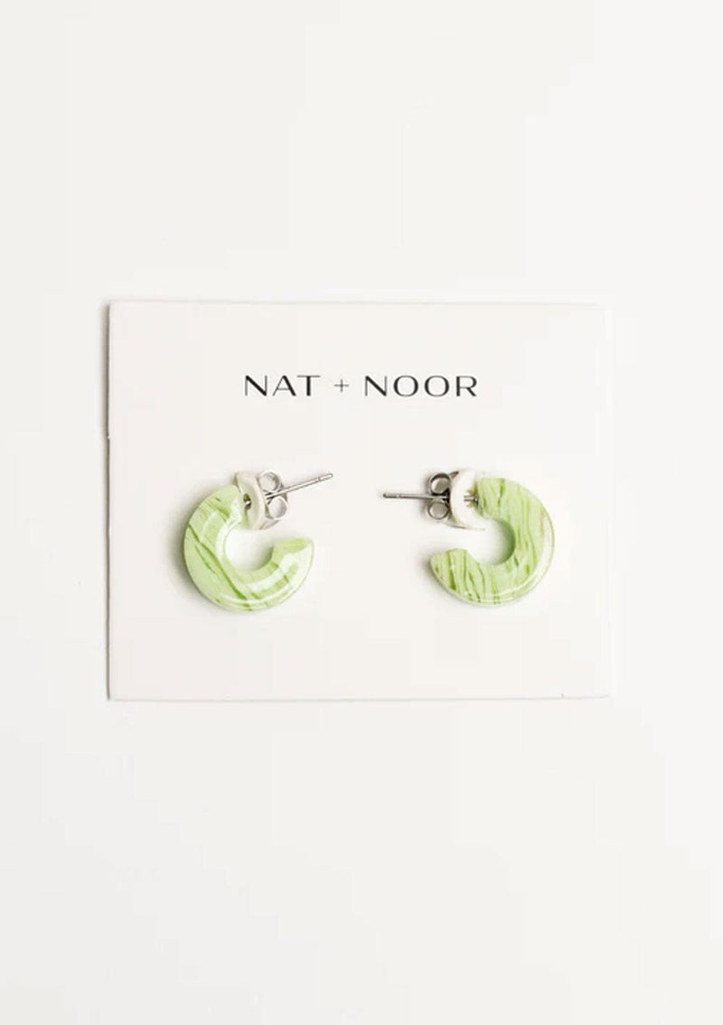 [Color: Tiger Green] A small green acetate hoop earring. 