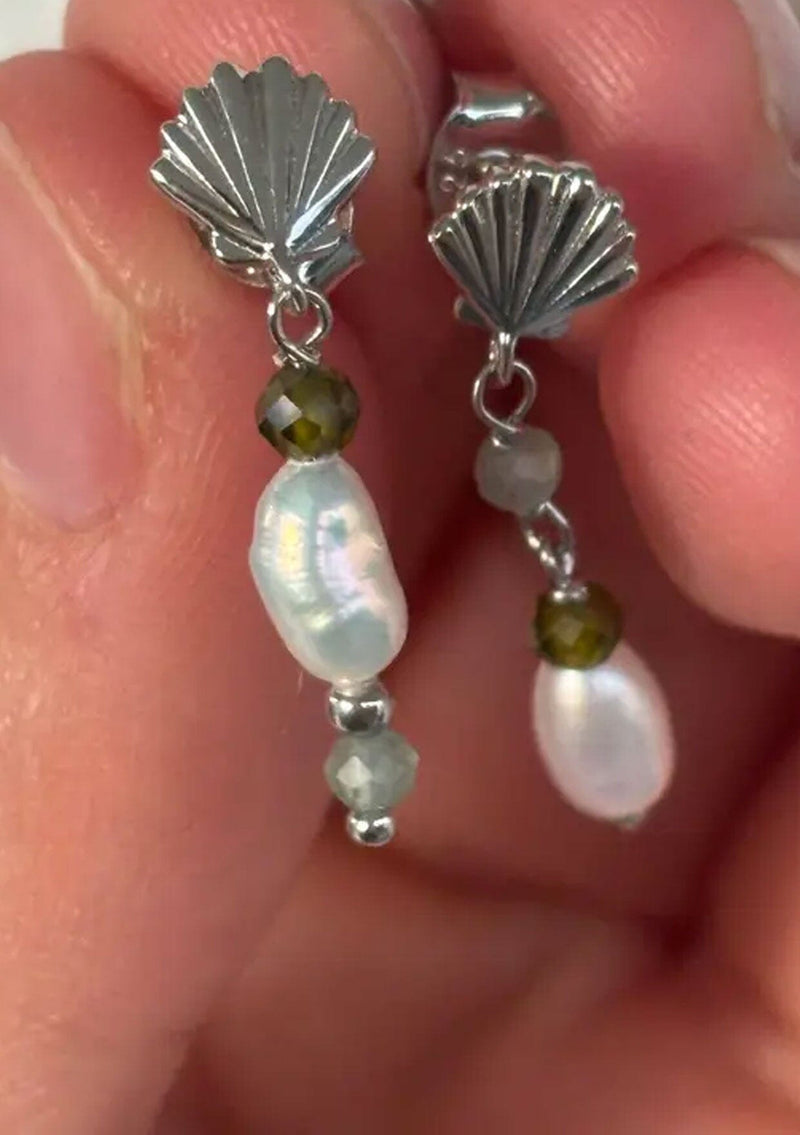 [Color: Matcha/Silver] Unique drop earrings with freshwater pearl and green zirconia stone accents. In white gold plating on sterling silver base. Hypoallergenic and made in the USA. 