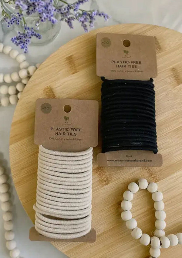 [Color: Black] Plastic free, biodegradable, vegan and cruelty free hair ties. Comes in a pack of twenty. 
