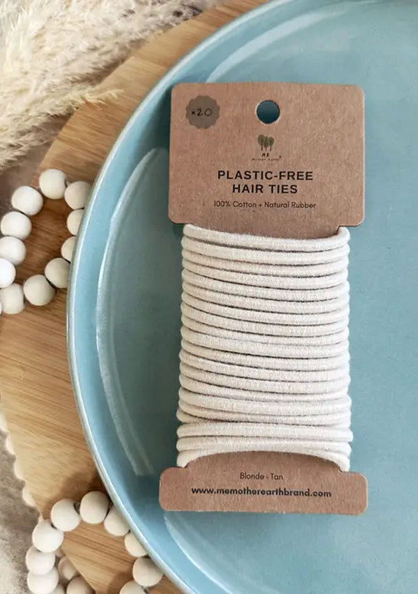 [Color: Natural] Plastic free, biodegradable, vegan and cruelty free hair ties. Comes in a pack of twenty. 