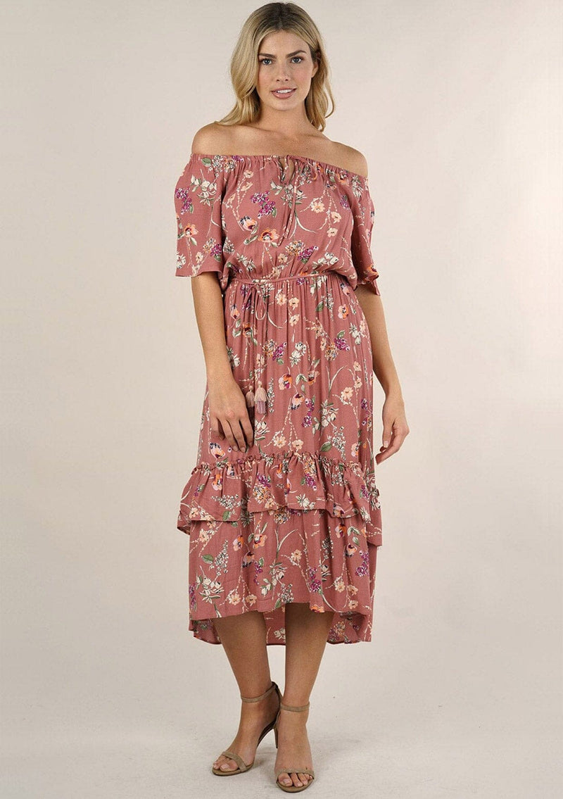 [Color: Terracotta/Blush Combo] A blonde model wearing an off shoulder midi dress in a spring summer pink floral print. A flowy tiered midi dress with an elastic neckline, elastic waistline with adjustable tie detail, and short sleeves. 