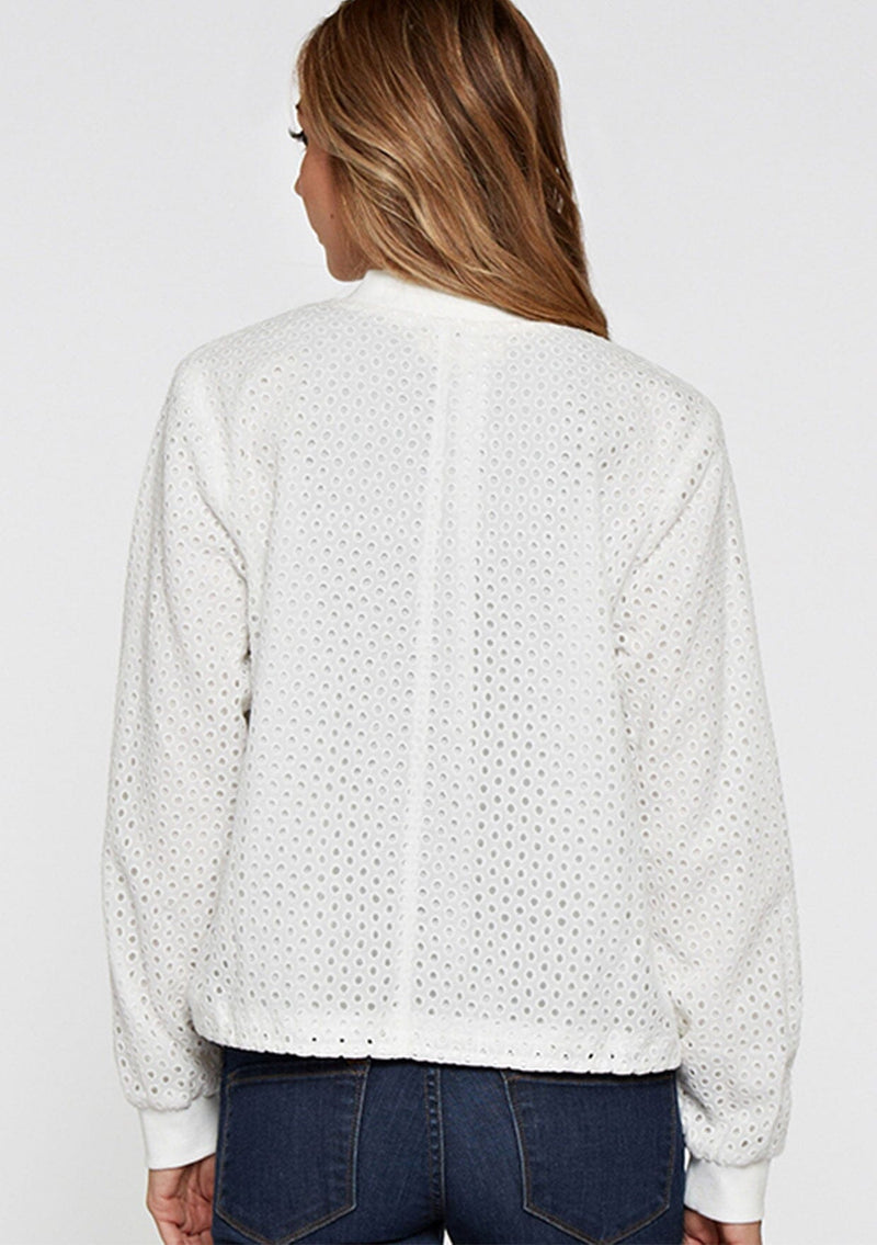 [Color: Off White] An allover eyelet off white zip up bomber jacket.