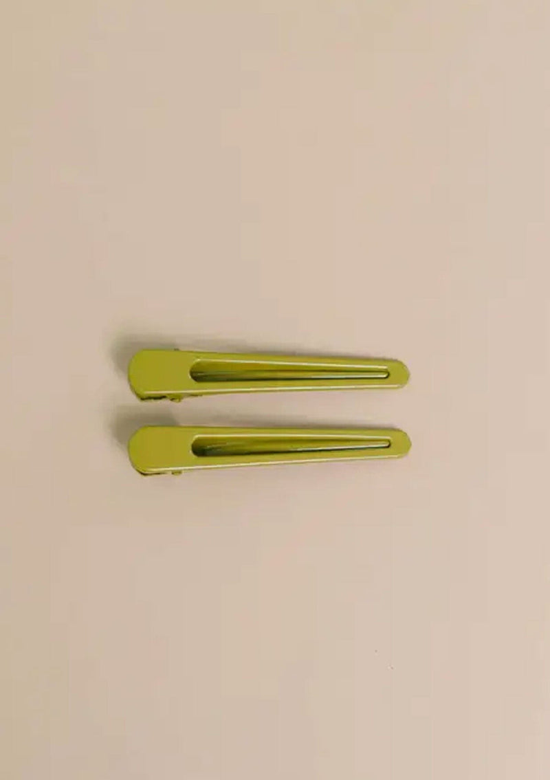 [Color: Olive] A set of two olive green metal hair clips. 