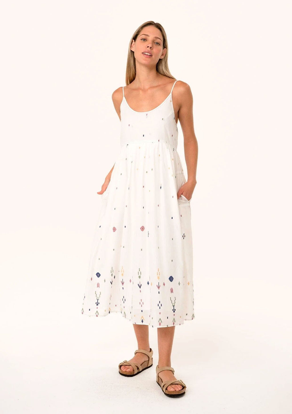Women's Sleeveless White Cotton Bohemian Midi Dress