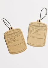 Two cardboard air freshener tags in Pinon scent from PF Candle.