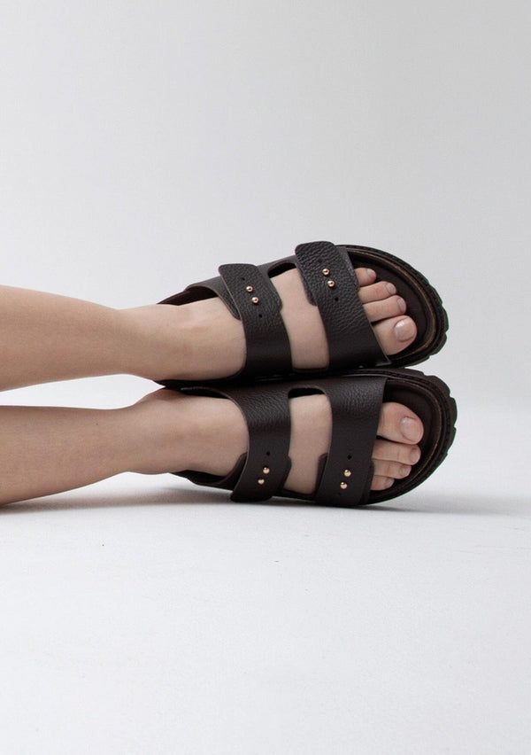 [Color: Dark Brown] Brown leather sandals slides with foam sole and two adjustable buckles.