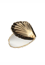 [Color: Gold] A gold-toned scallop shell-shaped compact mirror with a reflective interior, shown open on a plain white background.