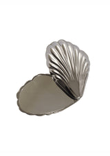 [Color: Silver] A silver-toned metal shell-shaped compact mirror, shown open against a plain white background.