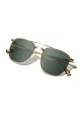 [Color: Gold] Modern navigator sunglasses with real wood accents and a gold stainless steel frame.