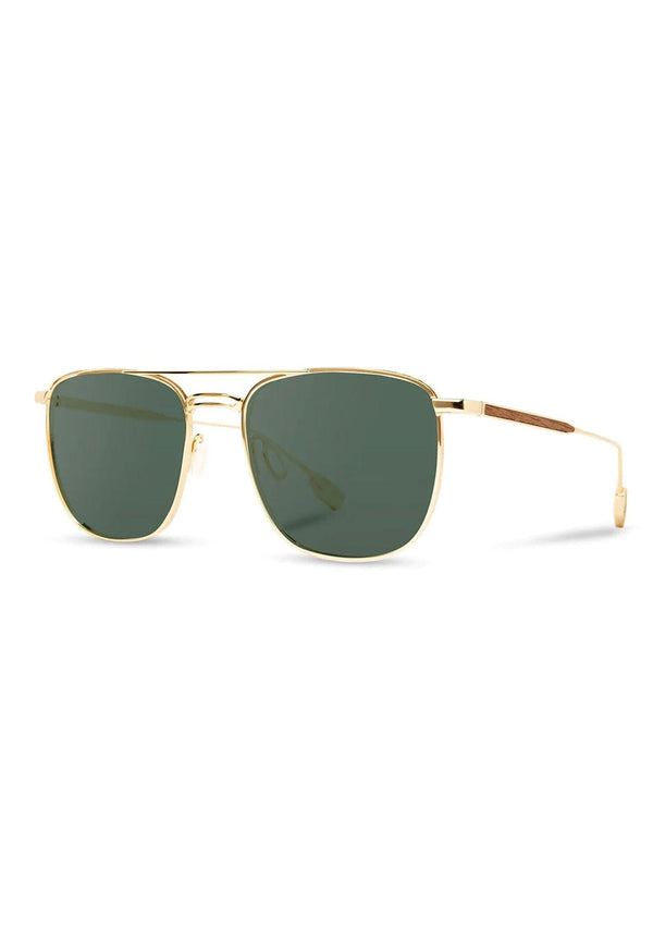 [Color: Gold] Modern navigator sunglasses with real wood accents and a gold stainless steel frame.