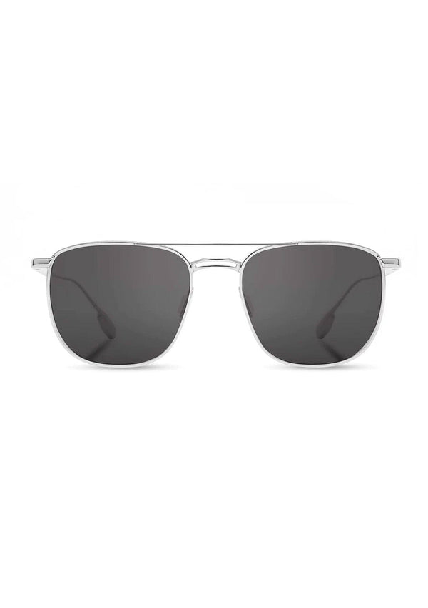 [Color: Silver] Modern navigator sunglasses with real wood accents and a silver stainless steel frame.