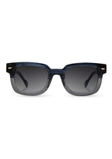 [Color: Cobalt] Sunglasses with a warm grey lens and a blue grey acetate frame.