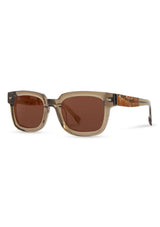 [Color: Sage] Sunglasses with a warm brown lens and a sage brown acetate frame.