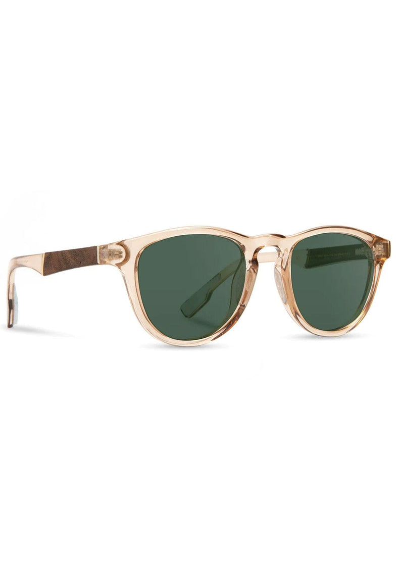 [Color: Champagne] Sunglasses with a a clear light brown frame and a wood inlay.