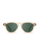 [Color: Champagne] Sunglasses with a a clear light brown frame and a wood inlay.