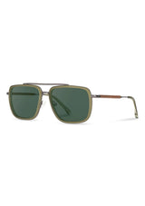 [Color: Pine] A pair of Shwood Grant sunglasses with a boxy silhouette, featuring dark green lenses with a sage green and gun-metal colored frame.