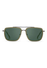 [Color: Pine] A pair of Shwood Grant sunglasses with a boxy silhouette, featuring dark green lenses with a sage green and gun-metal colored frame.