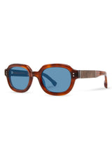 [Color: Burgundy] Acetate Sunglasses with brown frame and blue lenses made by Shwood. 