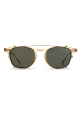 [Color: Ivory] Classic ivory acetate sunglasses with brazed steel metal clip-on polarized lenses. 