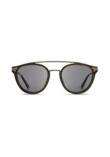 [Color: Distressed Dark Walnut] Wood accent brown sunglasses with contemporary round lens and metal brow bar.