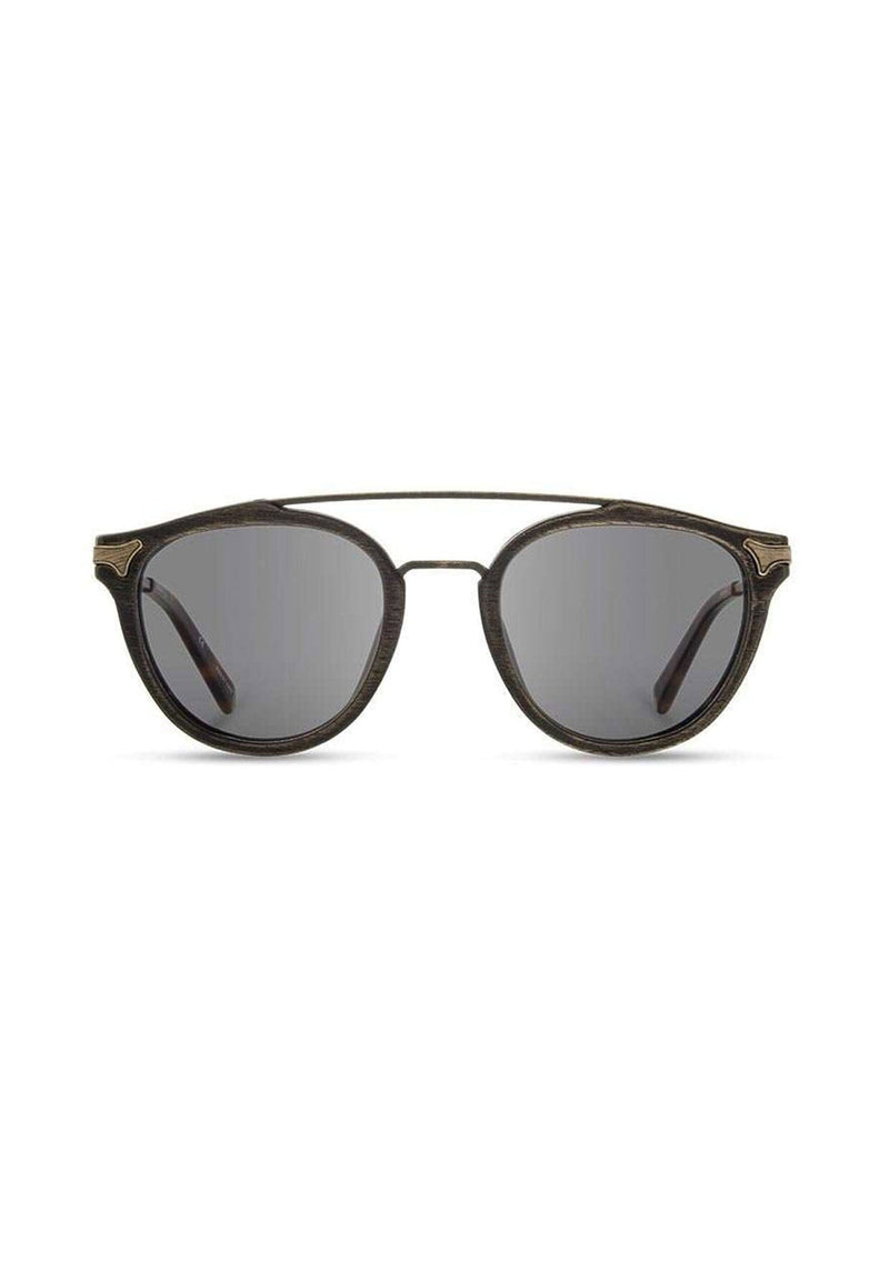 [Color: Distressed Dark Walnut] Wood accent brown sunglasses with contemporary round lens and metal brow bar.
