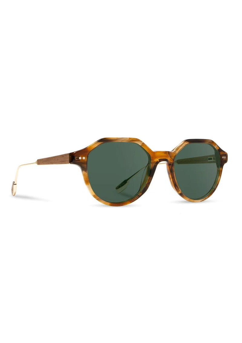 [Color: Autumn] Italian acetate sunglasses with a geometric silhouette and wire temples.