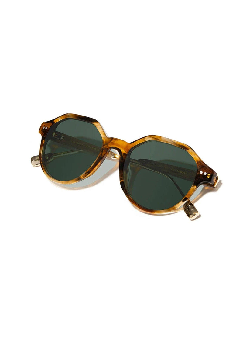 [Color: Autumn] Italian acetate sunglasses with a geometric silhouette and wire temples.