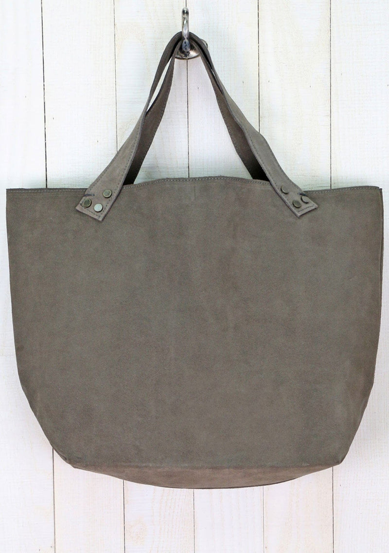 [Color: Smoke] A classic grey suede leather tote bag.
