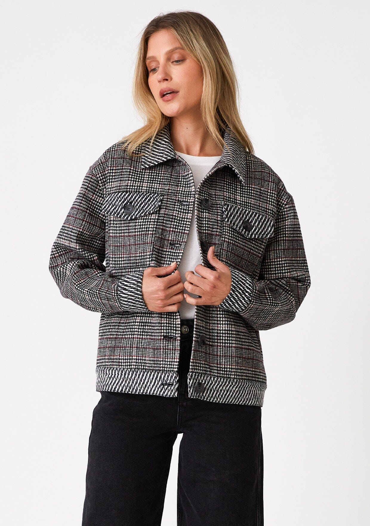 Black Plaid Patchwork Chest Pockets Oversized Shirt Jacket