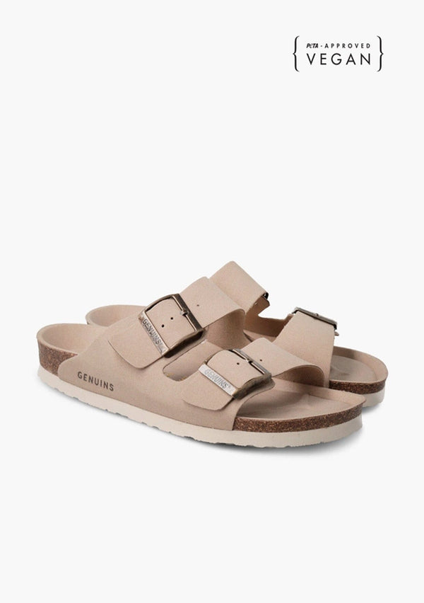 [Color: Sand] Tan PETA approved vegan suede summer sandal slides with a cork innersole and adjustable straps.