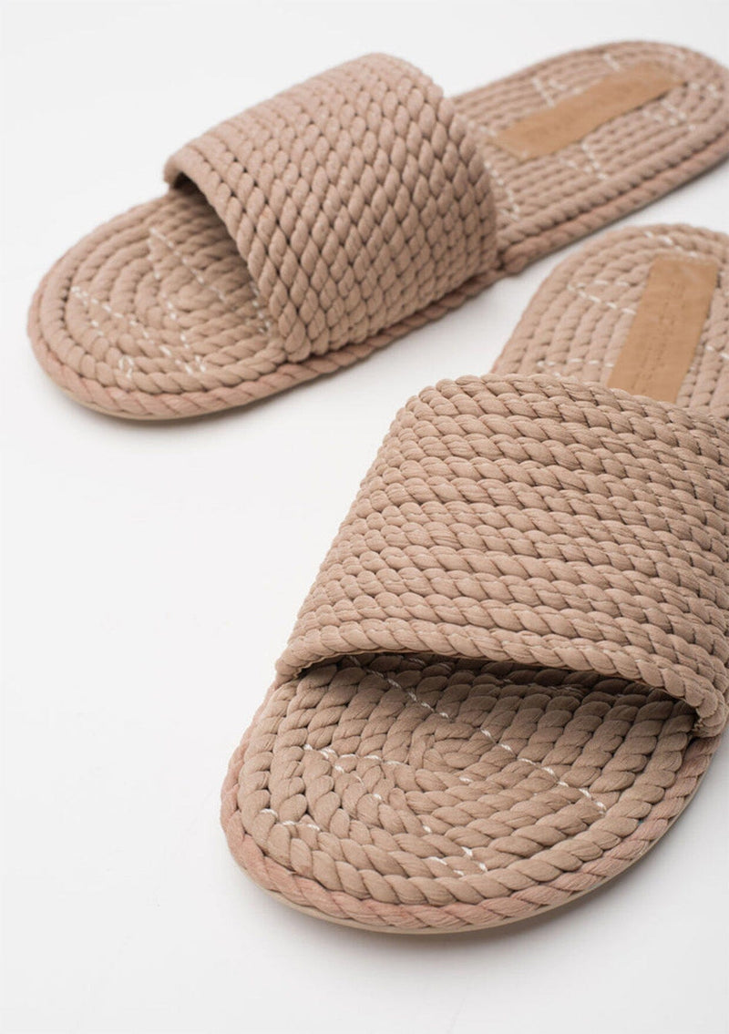 [Color: Natural] Cute tan woven summer slide sandal. 