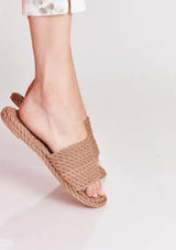 [Color: Natural] Cute tan woven summer slide sandal. 