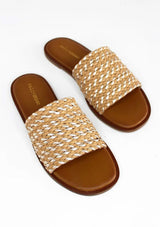 [Color: Tan/Gold] A tan brown and gold leather woven slide sandal. Sustainably hand made in small batches. 
