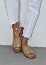 [Color: Tan/Gold] A tan brown and gold leather woven slide sandal. Sustainably hand made in small batches. 
