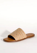 [Color: Tan/Gold] A tan brown and gold leather woven slide sandal. Sustainably hand made in small batches. 