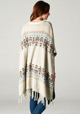 [Color: Lt Taupe/Coffee] A bohemian fringed poncho sweater